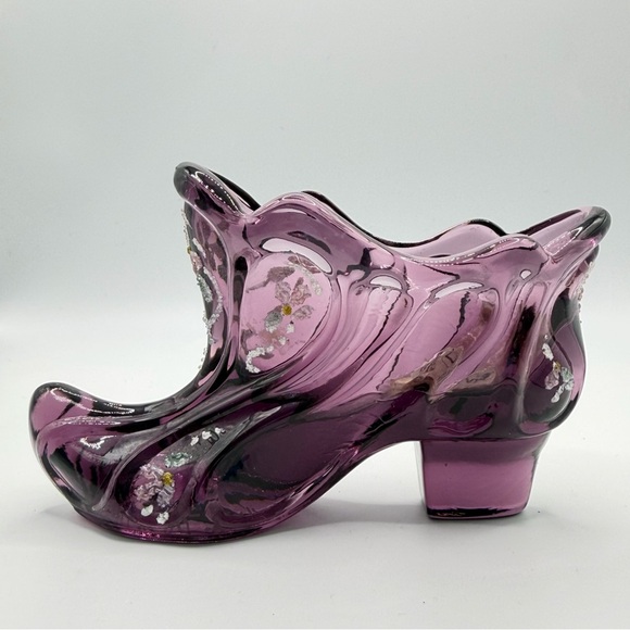 Fenton Amethyst Purple Hand Painted Glass Shoe - Signed - Sticker - Vintage EUC - Picture 2 of 11